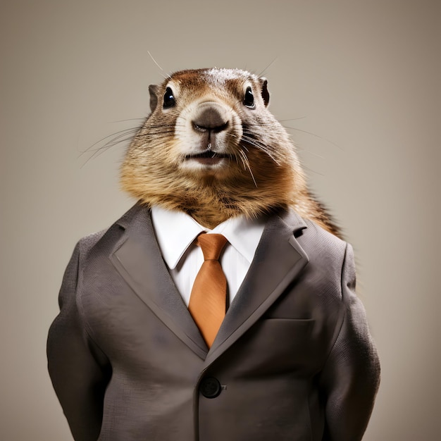 Retrato de uma marmota bonita vestindo um terno elegante para o feliz dia da marmota