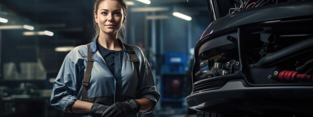 Retrato de uma mecânica em um serviço de carros contra o pano de fundo de carros.