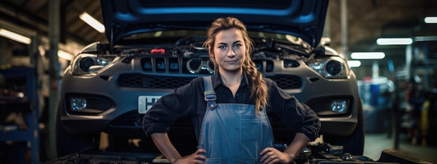 Foto retrato de uma mecânica feminina trabalhando em um veículo em um serviço de carros.