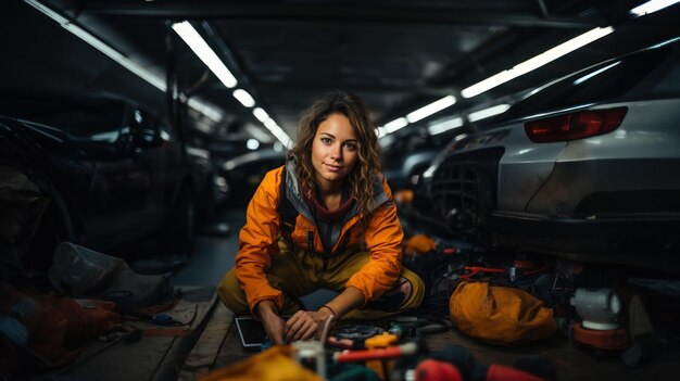 Retrato de uma mecânica sentada em uma oficina de reparo de carros