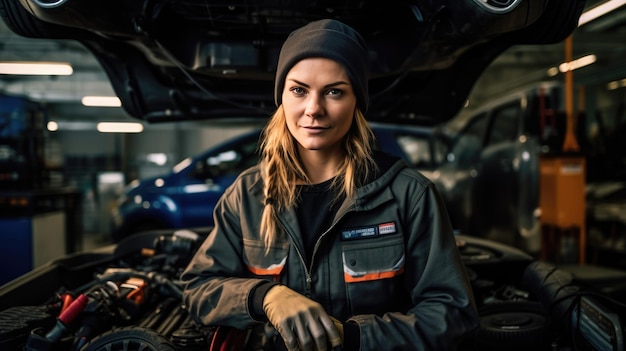 Retrato de uma mecânica trabalhando em um veículo em um serviço de carros