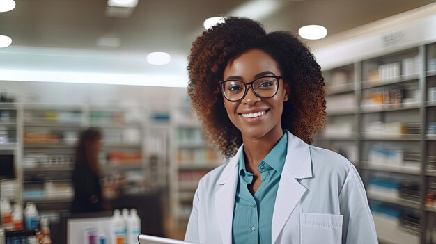 Foto retrato de uma médica africana sorridente trabalhando em uma farmácia com tablet digital generative ai