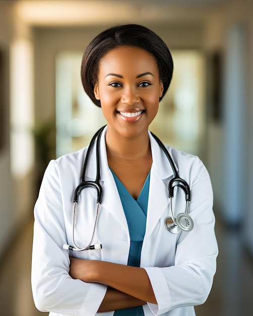 Retrato de uma médica afro-americana em pé no hospital