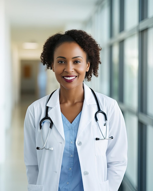 Foto retrato de uma médica afro-americana sorridente em pé no hospital