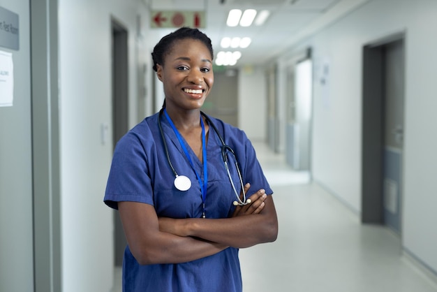 Retrato de uma médica afro-americana sorridente no corredor do hospital, copie o espaço