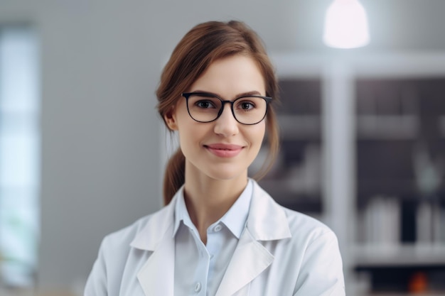 Retrato de uma médica confiante em um estetoscópio de jaleco branco em volta do pescoço