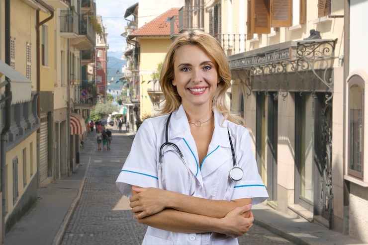 Foto retrato de uma médica loira usando um estetoscópio de pé ao ar livre com os braços dobrados finos