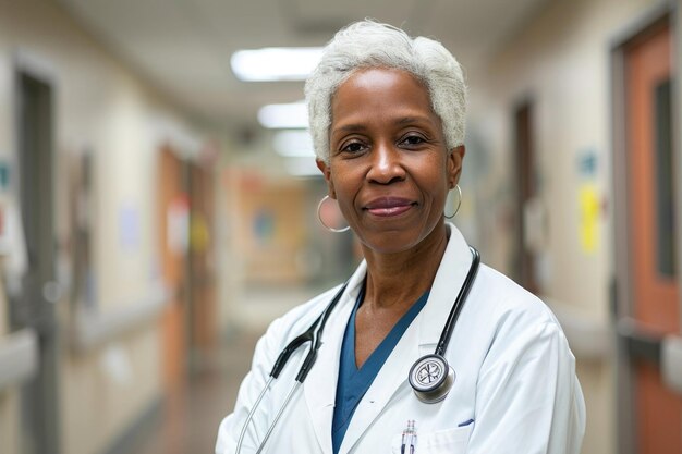 retrato de uma médica negra de meia-idade em seus 50 anos no fundo do hospital