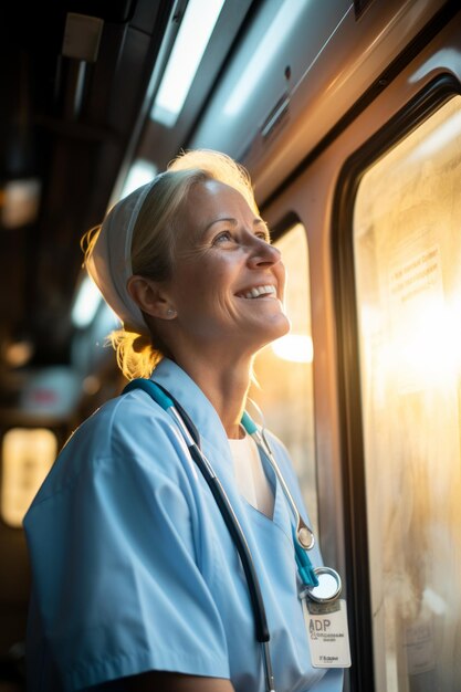 Retrato de uma médica ou enfermeira feliz vestindo um uniforme azul e um estetoscópio ao redor do pescoço