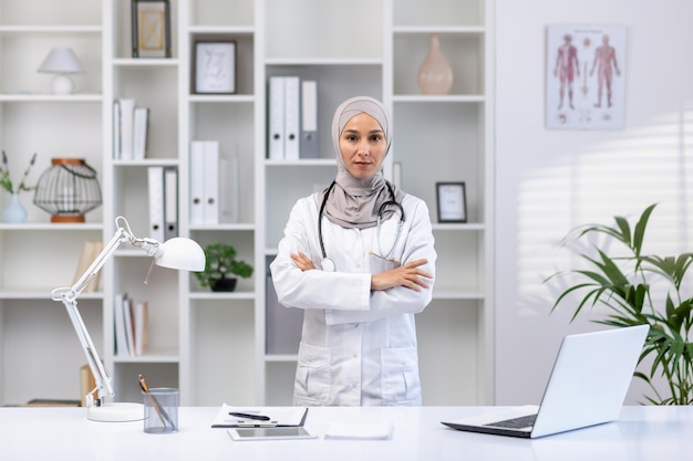 Retrato de uma médica séria, confiante e bem-sucedida em hijab em casaco médico branco olhando para