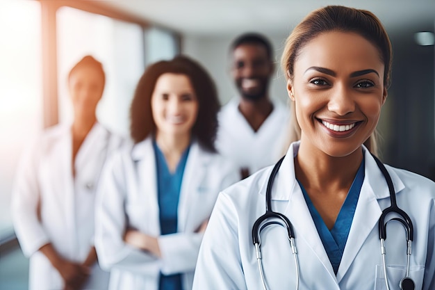 Retrato de uma médica sorridente com colegas no fundo Uma médica sorridente de pé com colegas médicos em um hosp AI gerado