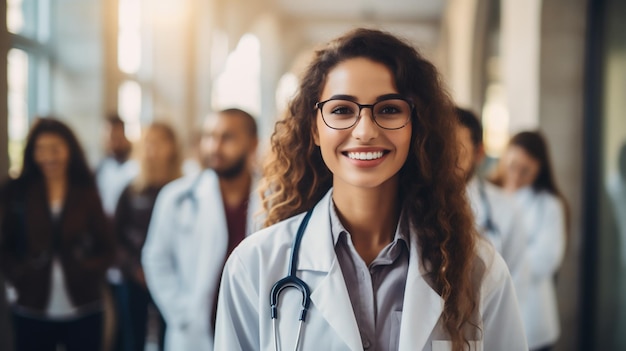 Foto retrato de uma médica sorridente com óculos de pé na frente de sua equipe