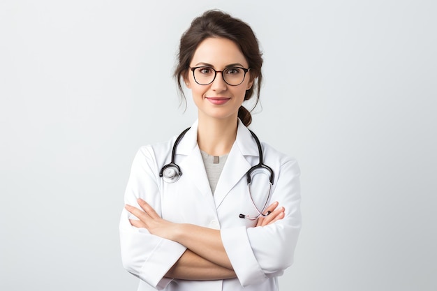 Foto retrato de uma médica sorridente de pé com os braços