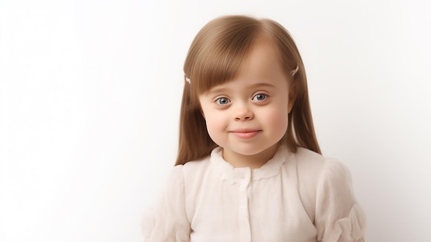 Retrato de uma menina adorável com síndrome de Down isolada em um fundo branco IA generativa