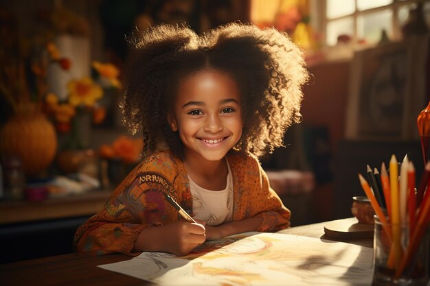 Foto retrato de uma menina adorável e seu professor desenhando em uma aula gerado com ia