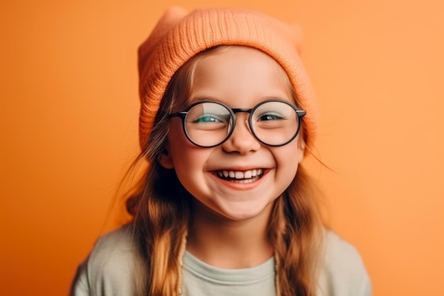 Retrato de uma menina adorável e sorridente com óculos conceito de felicidade lúdico generativo ai