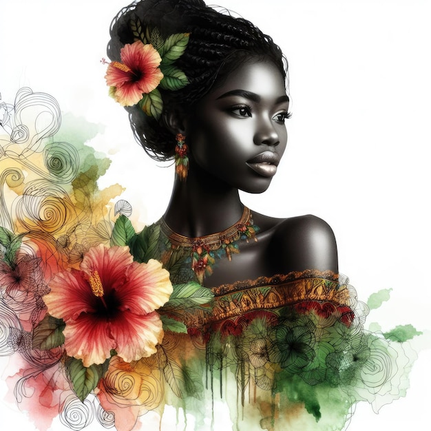 Retrato de uma menina africana com desenho floral com IA generativa