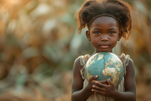 Retrato de uma menina africana segurando a terra ou o globo na natureza com um grande espaço para o texto um conceito de salvar a terra IA geradora