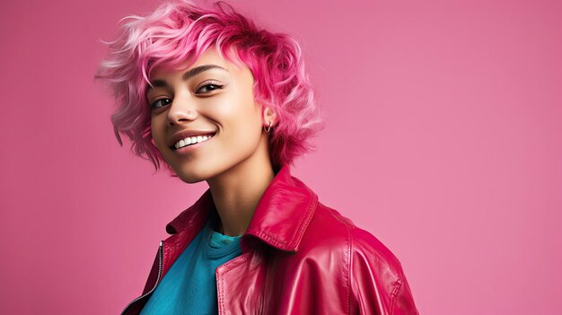 Foto retrato de uma menina alegre com cabelos rosa com capuz em fundo rosa