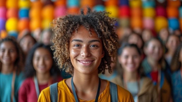 Retrato de uma menina alegre de cabelos encaracolados contra o fundo de amigos