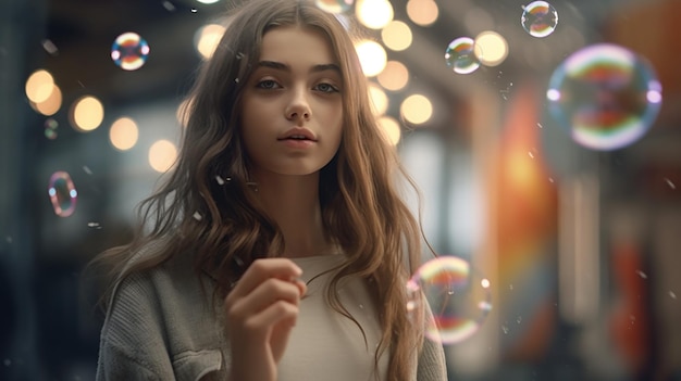 retrato de uma menina alegre soprando bolha de sabão no exterior feito por IA generativa