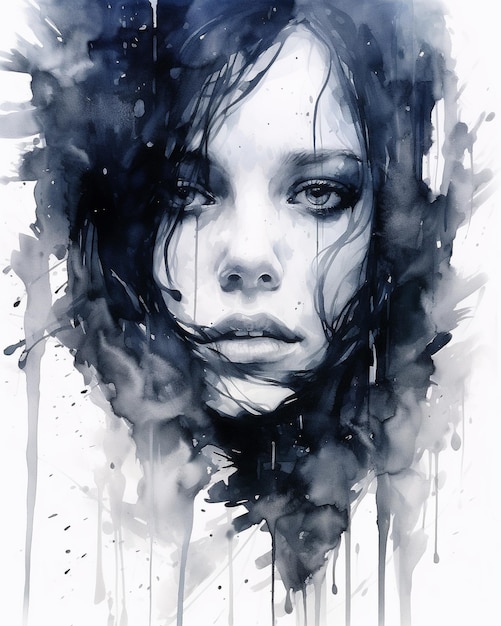 Retrato de uma menina aquarela minimalista preto e branco