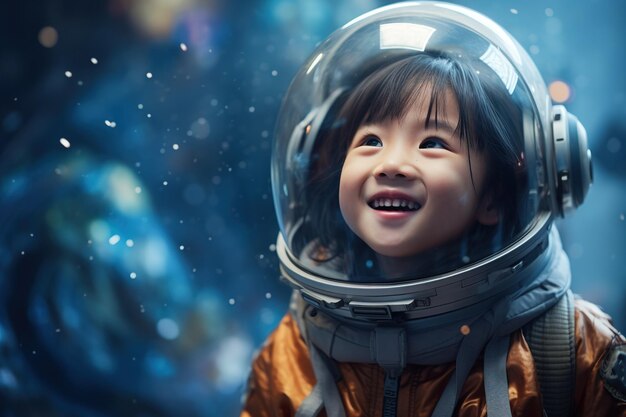 Retrato de uma menina asiática usando um capacete de astronauta no espaço