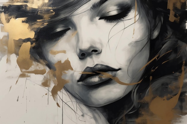 retrato de uma menina atraente desenhada com os olhos fechados com cores pretas e douradas