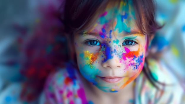 retrato de uma menina bonita brincando e coberta de cores de holi e celebrando o festival de holi