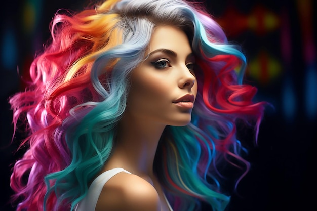 Retrato de uma menina bonita com cabelo de néon arco-íris em fundo preto