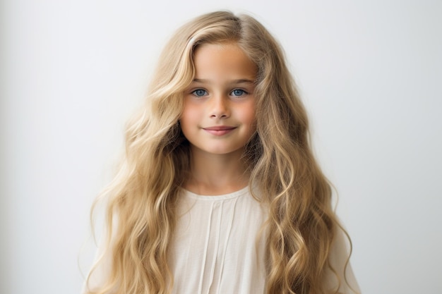 Retrato de uma menina bonita com cabelos loiros longos em um fundo branco