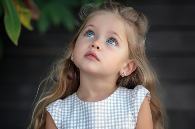 Retrato de uma menina bonita com cabelos loiros longos em um fundo claro