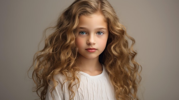 Retrato de uma menina bonita com cabelos longos e encaracolados Tiro de estúdio IA generativa