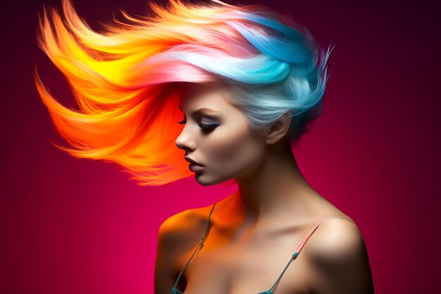 Retrato de uma menina bonita com penteado de néon assimétrico em fundo vermelho