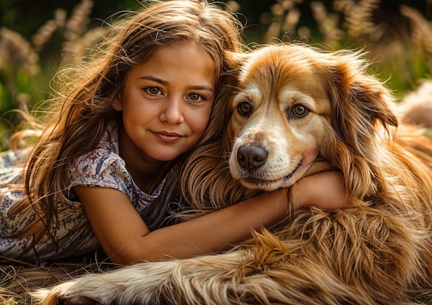 Retrato de uma menina bonita com seu cachorro no parque