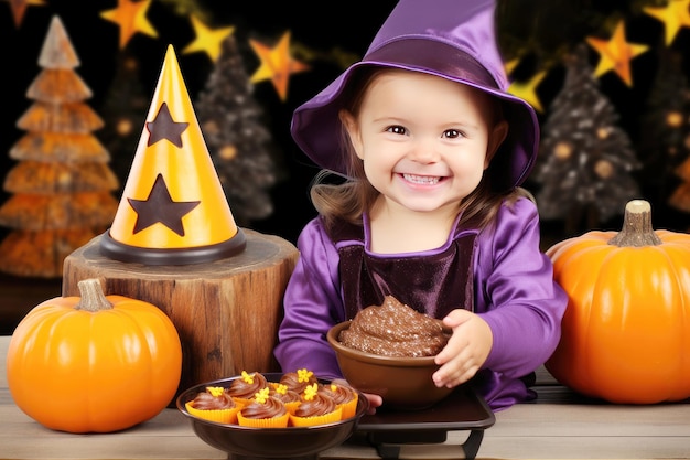 Retrato de uma menina bonita com um chapéu de bruxa com bolos para o Halloween