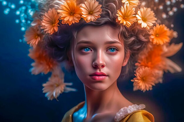 Retrato de uma menina bonita e misteriosa com uma linda coroa de flores na cabeça