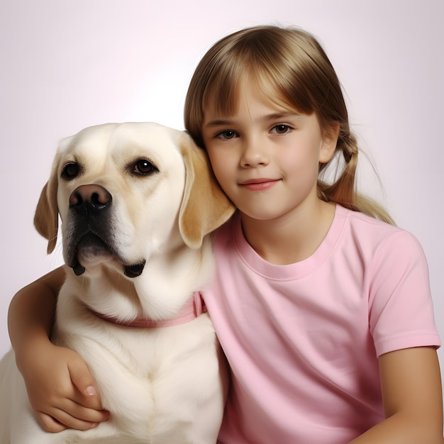 Retrato de uma menina bonita segurando um cachorrinho de Labrador em seus braços isolado em fundo branco