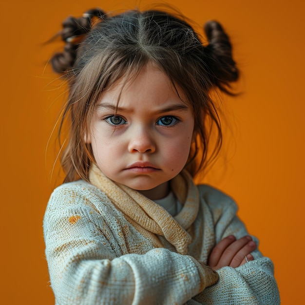 retrato de uma menina bonita, triste e ofendida, com os braços cruzados sobre o peito, sobre um fundo laranja plano