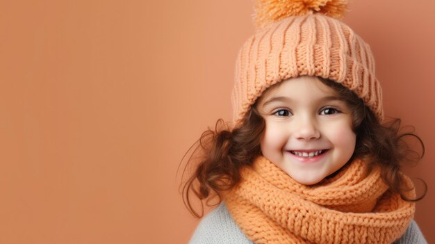 Retrato de uma menina bonitinha com um chapéu de malha em um fundo colorido