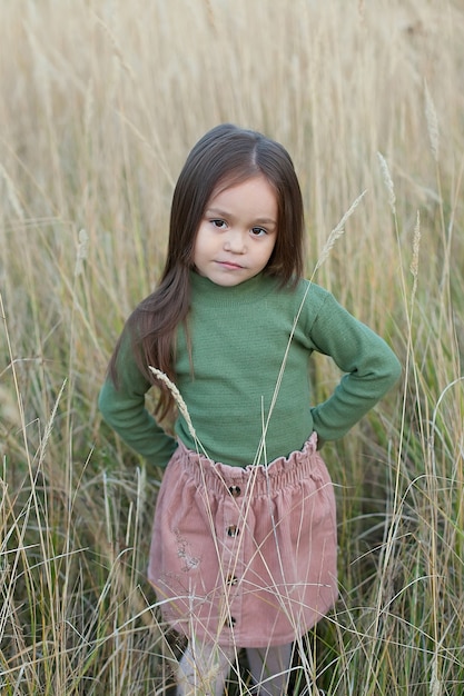 Retrato de uma menina bonitinha em uma caminhada à tarde de outono no campo.