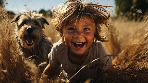 Retrato de uma menina brincando com seu cachorro em um campo de trigo