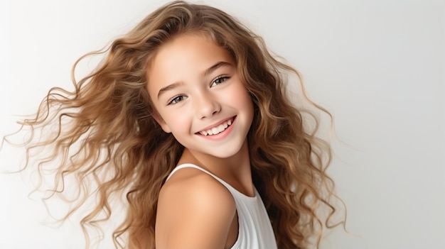 Retrato de uma menina caucasiana sorridente com longos cabelos castanhos