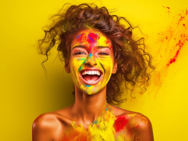 Foto retrato de uma menina coberta de holi gulal colorido em fundo isolado