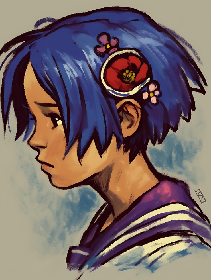 Foto retrato de uma menina com cabelo azul e flores no cabelo