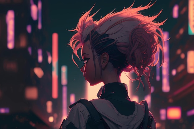 Retrato de uma menina com cabelo rosa no estilo da geração de anime cyber punk AI