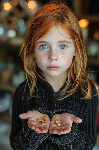 Retrato de uma menina com grandes olhos azuis e cabelo vermelho segurando dois pequenos objetos em suas mãos