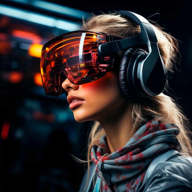 retrato de uma menina com óculos de realidade virtual no metaverso