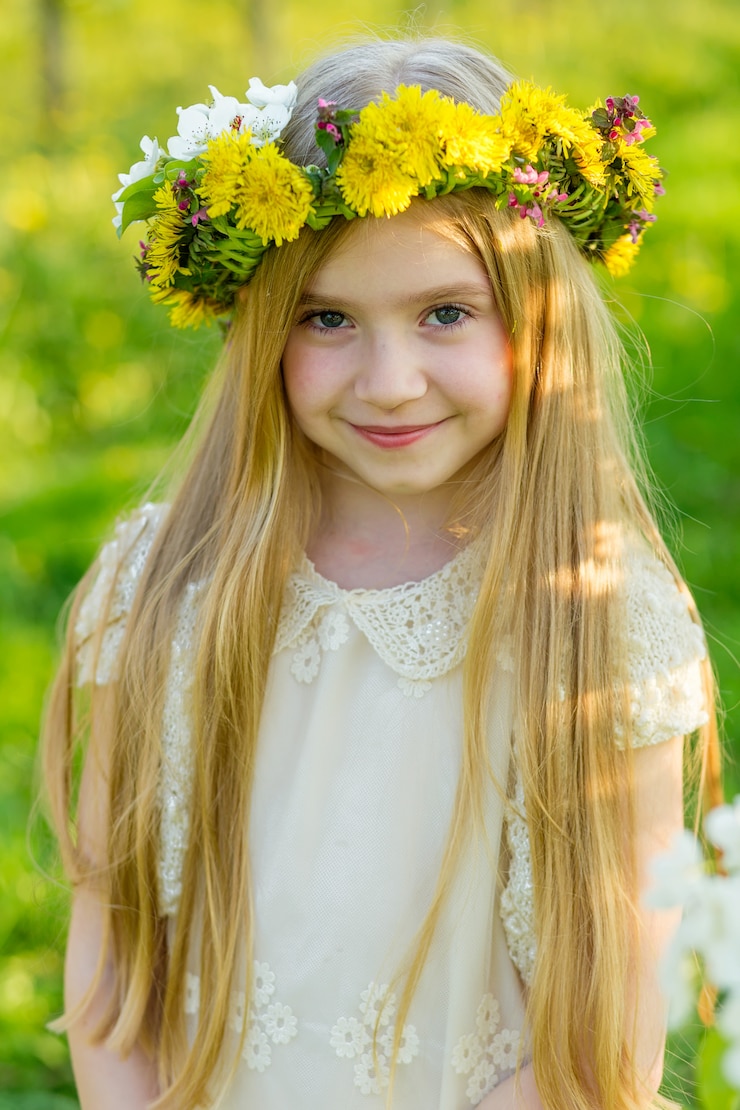 Foto retrato de uma menina com uma coroa na cabeça de leão