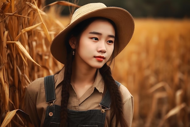 Retrato de uma menina contra o fundo de espigas de trigo Rede neural AI gerada